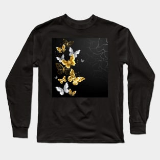 Gold and White Butterflies on black background Long Sleeve T-Shirt